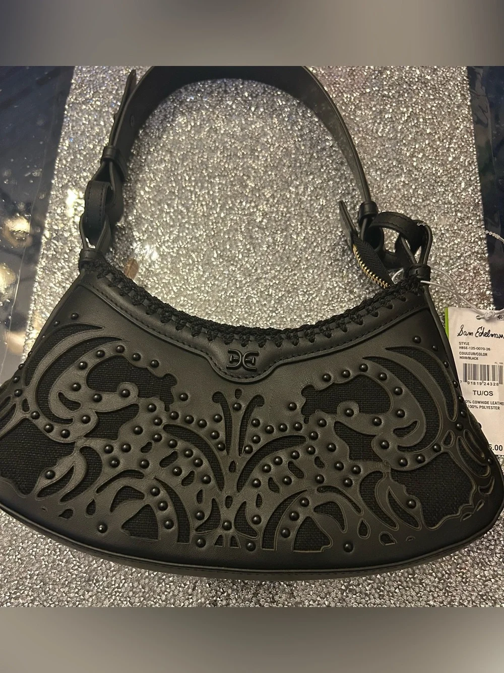 Sam Edelman Women's Black Willette Floral Dyecut Leather Shoulder Bag